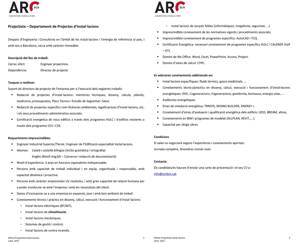 arcbcn's tweet photo. #ofertalaboral ARCbcn busca un #ENGINYER #PROJECTISTA. Interessats/des envieu CV i carta de presentació a info@arcbcn.cat. Sort! 📐📏 😉 https://t.co/HQ7hFXuitY