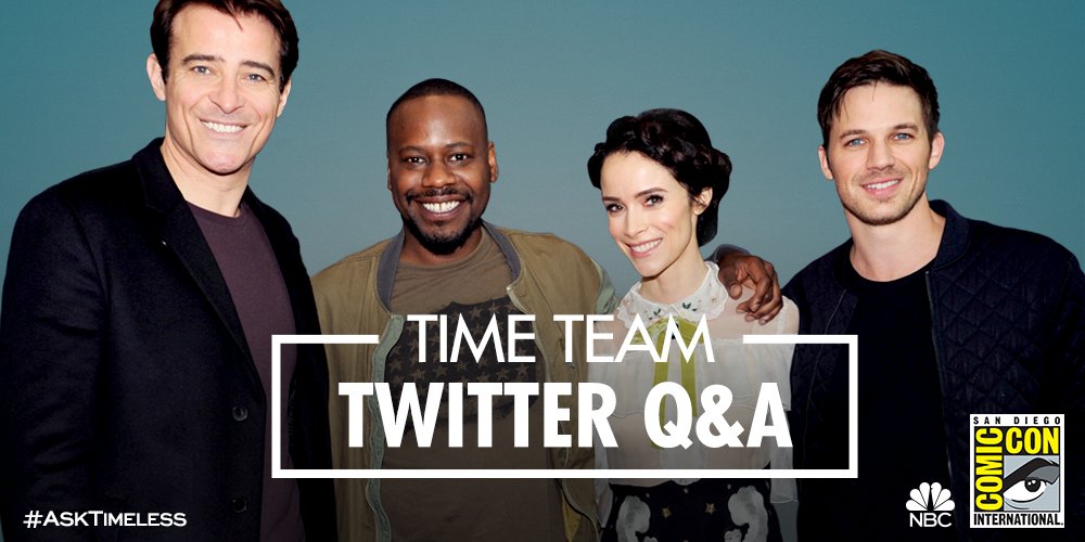 TimelessSPTV's tweet photo. Can't make it to #SDCC? Tweet your questions for the #TimeTeam with #AskTimeless and they may answer them here tomorrow. #Timeless https://t.co/tNb6vul8dX