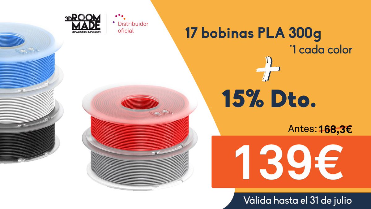 📌 OFERTA JULIO
¡Llévate el pack de 17 nuevos colores PLA 300g de @BQ_3d con 15% de descuento! Solo 139€ Pedidos➡️📩 contacto@3droommade.com