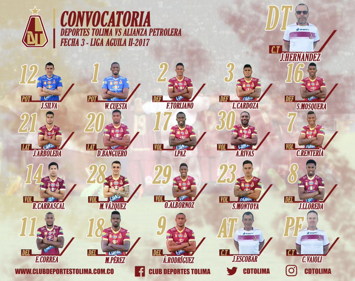 TertuliaIbague's tweet photo. Estos son los 18 convocados del @cdtolima para recibir estw jueves a @APetrolera https://t.co/kfQc1vTmbj