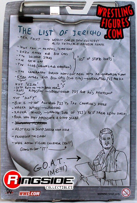 RingsideC's tweet photo. Check out back of the packaging for the #Mattel #WWE @IAmJericho #YouJustMadeTheList Exclusive! #GOAT #ChrisJericho https://t.co/iFHUSRURWn https://t.co/Af7iwqM2vn
