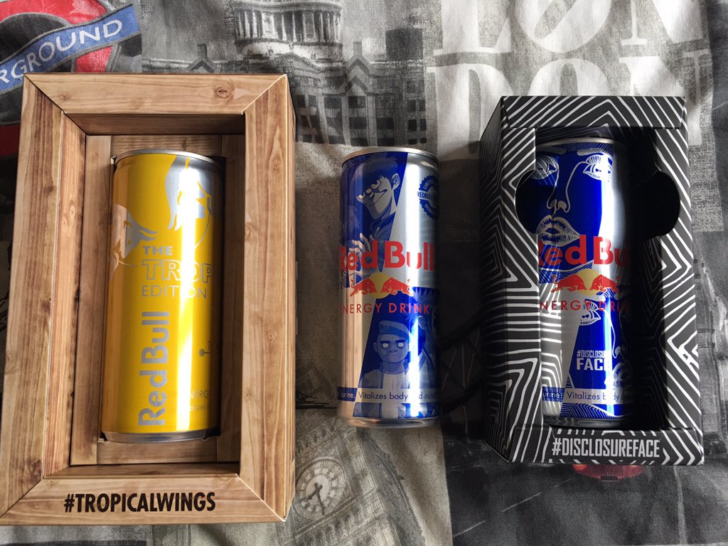 MinotaurForLife's tweet photo. @RedBullUK @gorillaz Yes, mine has joined the collection. It needs a presentation box to fit in perfectly with the #TropicalWings and #DisclosureFace ones though https://t.co/ER98NHDYAL