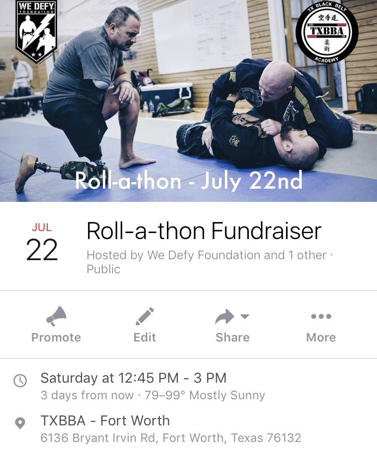 txbba's tweet photo. Come be apart of the We Defy Foundation Rollathon Hosted by TXBBA-Fort Worth!! #bjj #JiuJitsu #rollathon https://t.co/FEmd5El1kE