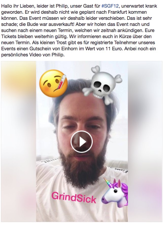 StartupGrindFra's tweet photo. WICHTIG: #SGF12 muss aufgrund eines kranken Gastes verschoben werden. Gutschein im Video, Tickets bleibe gültig. https://t.co/PMjMe5KT9a https://t.co/twuqKxz431