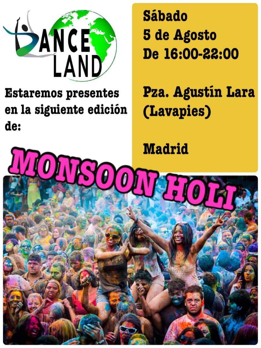 danceland_mad's tweet photo. Estaremos bailando, saltando, mojándonos, tirando colores y pasándolo en grande. ¿Os venís? #madrid #freeevents #bollywood #monsoonholi https://t.co/vg0NLKPUl0