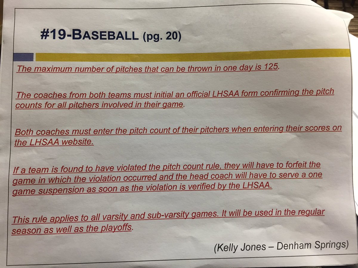 New pitch count rule for Louisiana High School baseball <a href="/TheLHSCA/">LHSCA</a> <a href="/LHSAA/">LHSAA</a>
