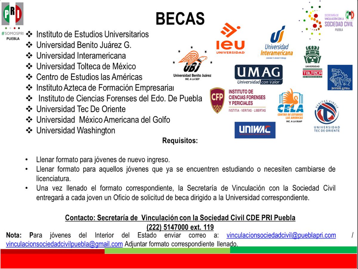 CtuTehuacan's tweet photo. Por parte del @PRIdePUEBLA se invita a la comunidad interesada en cursar alguna carrera en las siguientes universidades con beca. https://t.co/3OtASRkMlN