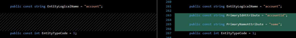 ddlabar's tweet image. New version of the #EarlyBoundGenerator now supports Editable Action Responses, and definition of Entity Primary Name and Id Attributes!