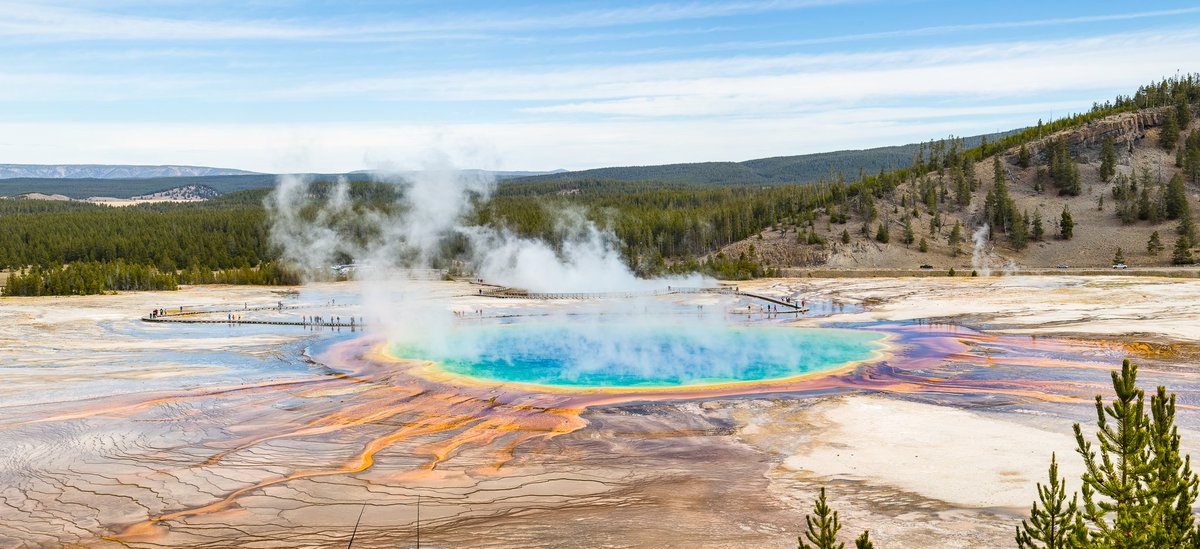 View from the Grand Prismatic Overlook Trail, showing Grand Prismatic Spring and the boardwalks around it.