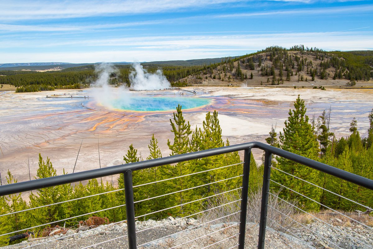 View from the Grand Prismatic Overlook Trail showing the railings of the new overlook.