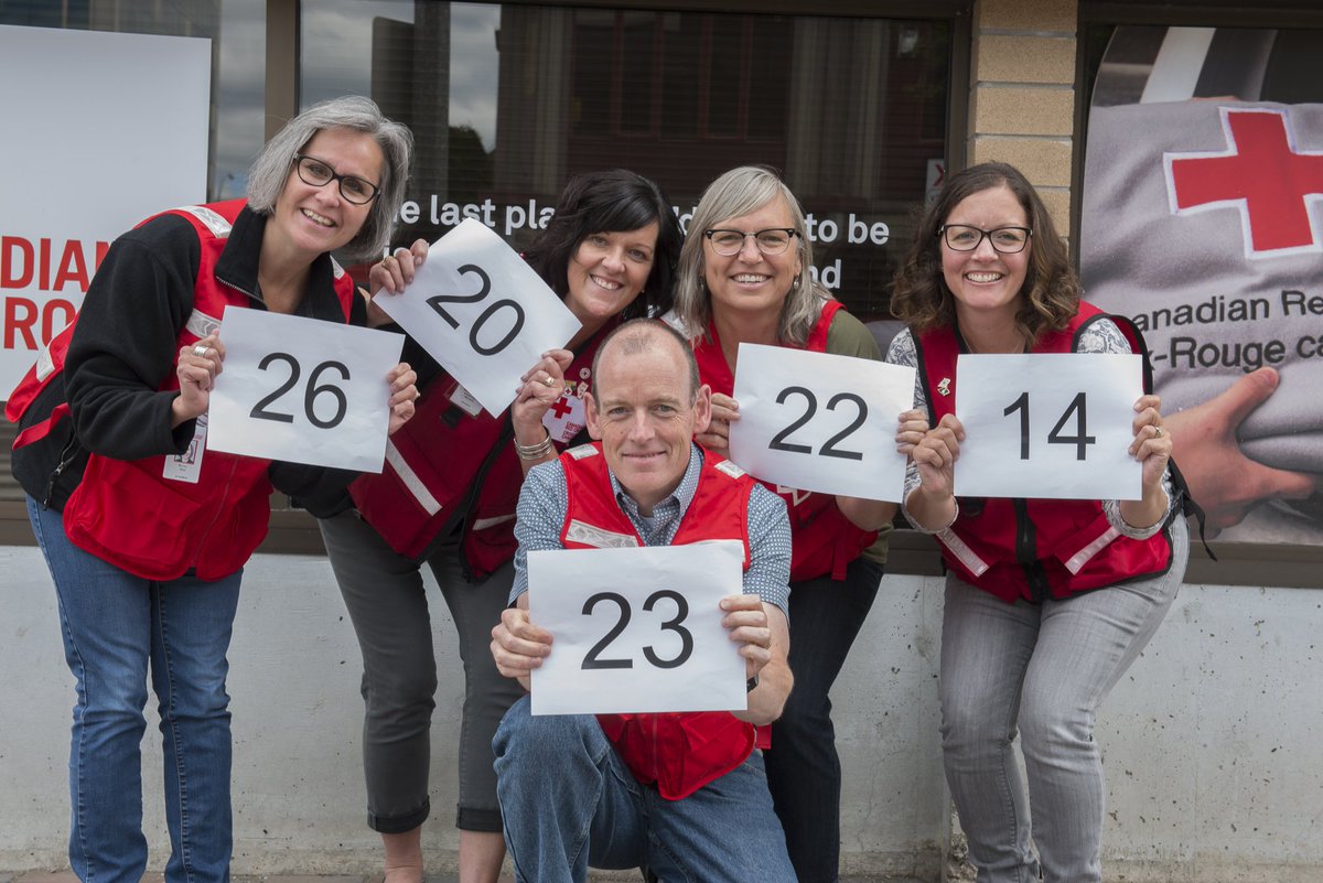 Red Cross workers holding up signs to show how many years of experience they have.
