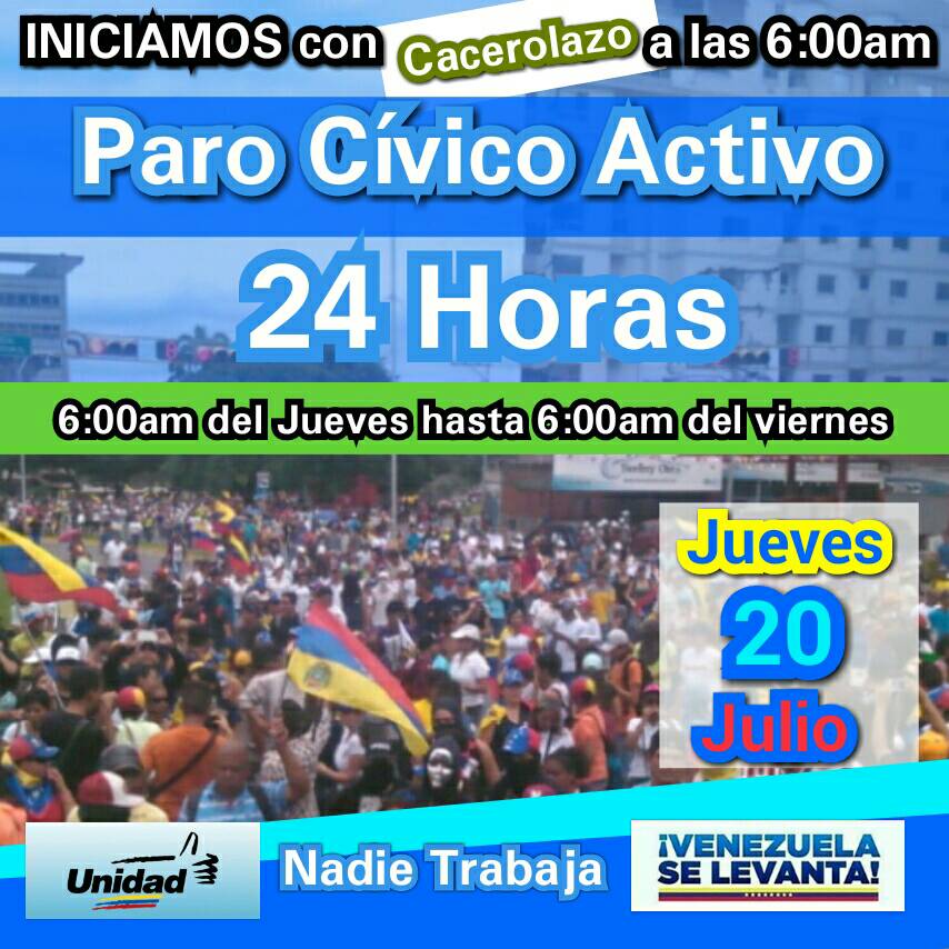 henryrosales1's tweet photo. Unidos por la Democracia #Vzla #ParoCivicoActivo el Pueblo sigue la ruta del #Cambio 24Horas NADIE TRABAJA 6:00am #20Jul a 6:00am de #21Jul https://t.co/dtHr9XAKqk