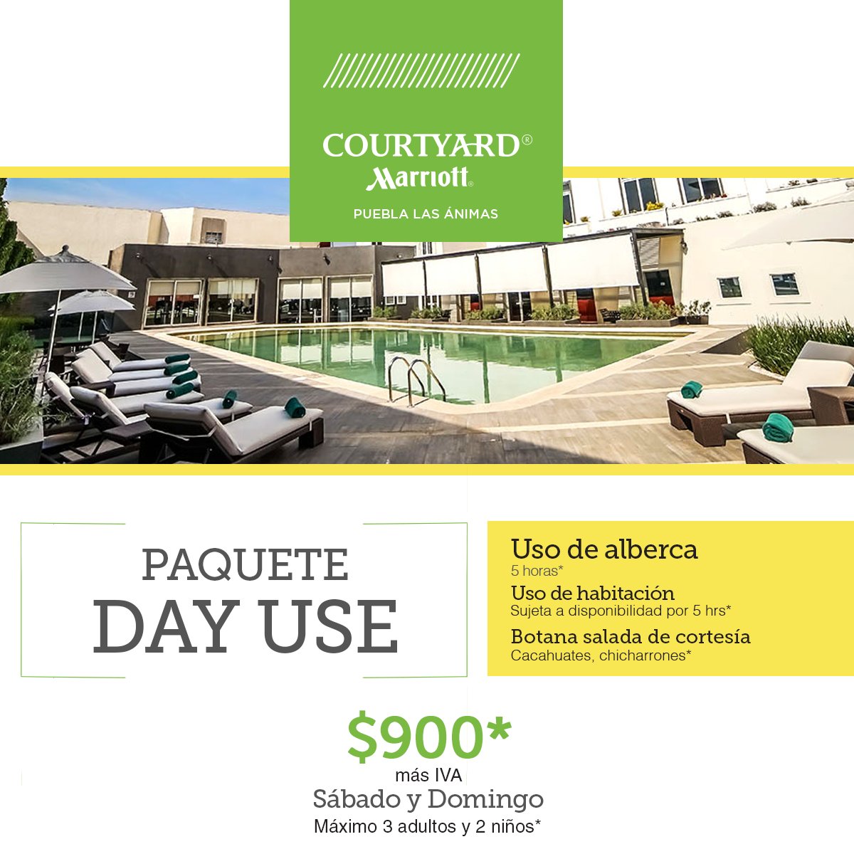 CourtyardPuebla's tweet photo. Disfruta de nuestro paquete #DayUse y los beneficios que te ofrece. 
Sólo en #Courtyard #Puebla #LasÁnimas. https://t.co/IuBEFnt0ND