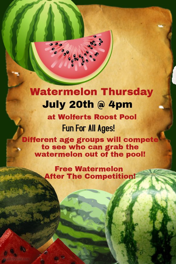 wolfertsroostcc's tweet photo. Watermelon Fun tomorrow at the Pool!
4pm https://t.co/PJYcB4YqMQ