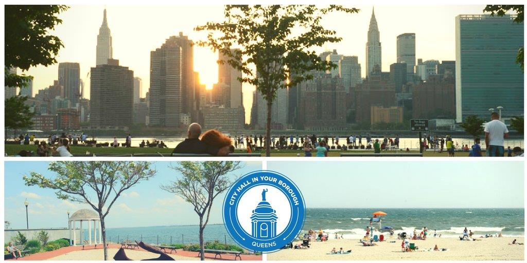 The top image shows a couple sitting on a bench in Hunter's Point South Park in Long Island City, Queens. They are looking at the sun setting between the skyscrapers across the way in Midtown Manhattan. The bottom left images shows a park goer at Tribute Park, a waterfront park in the Rockaways. The bottom right image shows beach goers enjoying a beach day at Rockaway Beach.