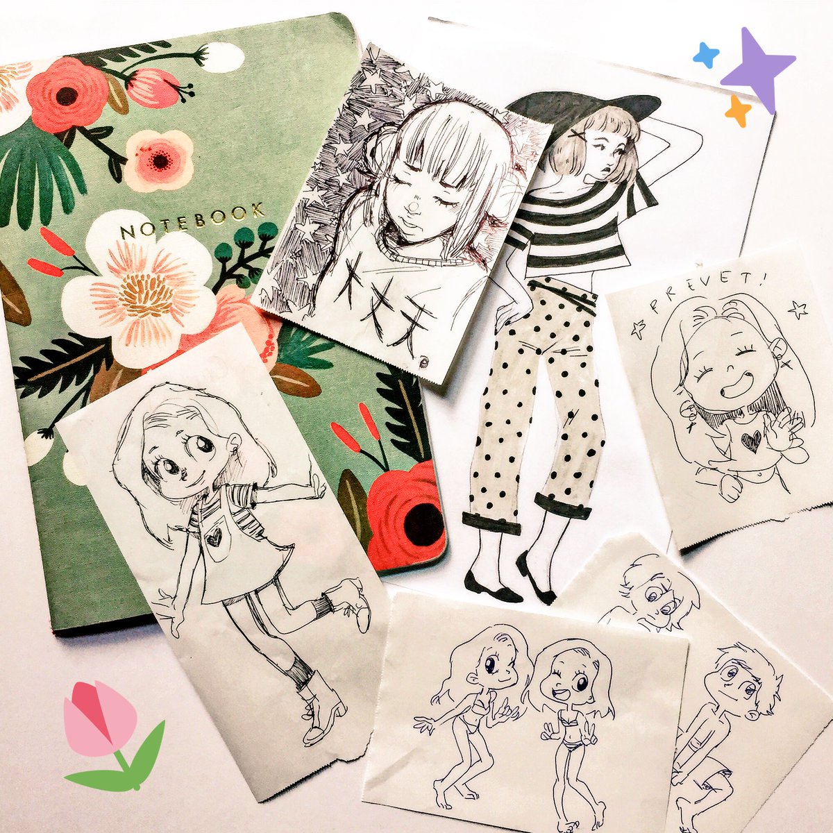 A collection of work doodles from the past couple weeks. Most of them are drawn of receipt paper 😓 