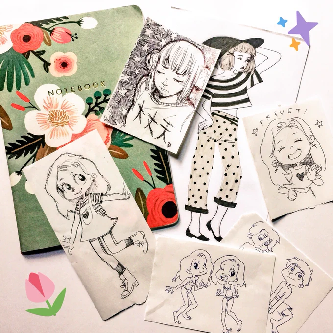 A collection of work doodles from the past couple weeks. Most of them are drawn of receipt paper 😓 