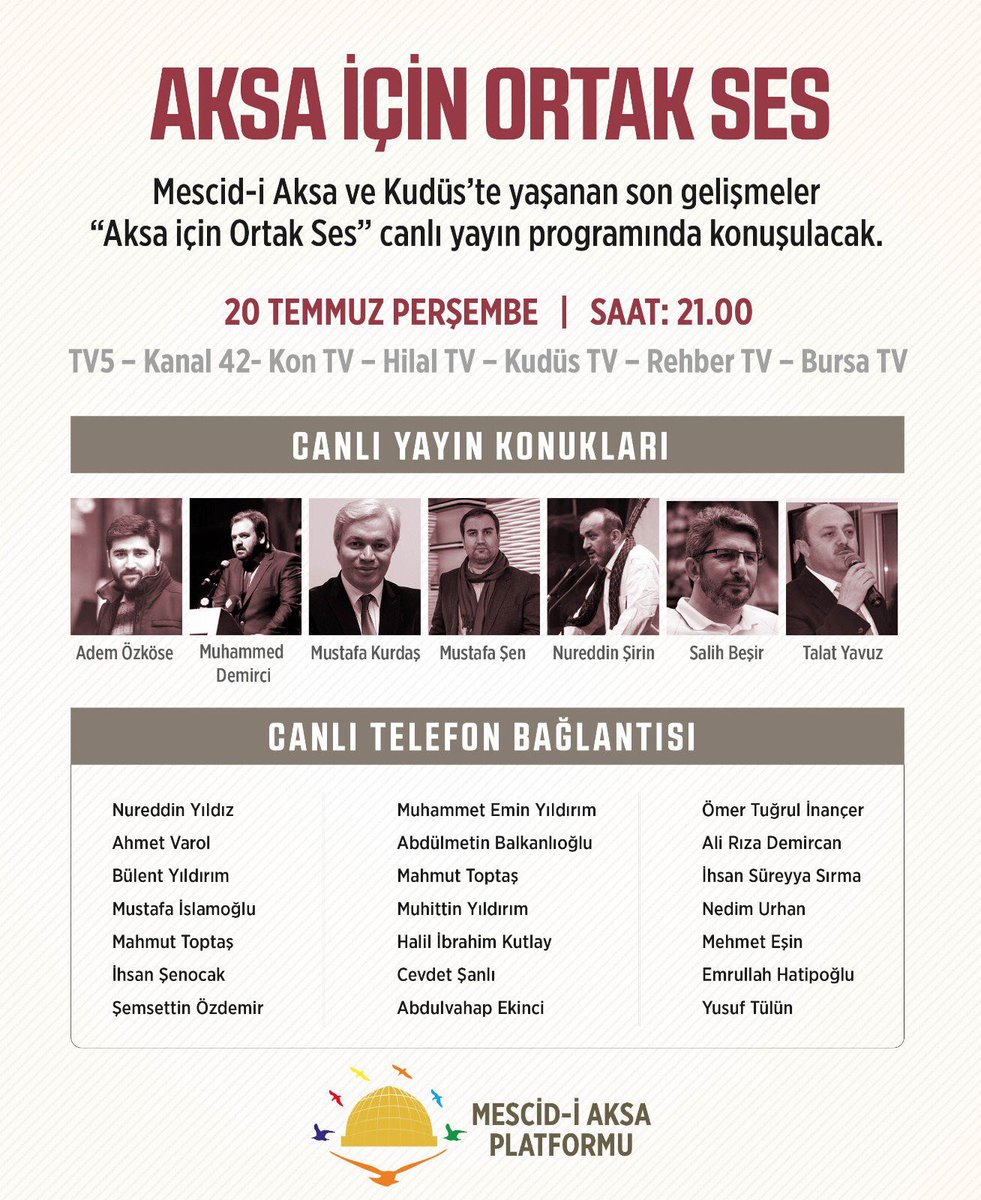 AKSA İÇİN ORTAK SES
Mescid-i Aksa ve Kudüs'te yaşanan son gelişmeler "Aksa İçin Ortak Ses" canlı yayın programında konuşulacak... #FreeQuds