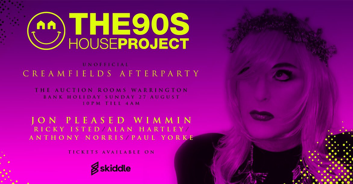 90sHouseProject's tweet image. Catch the fabulously flamboyant cross-dressing 1990's Fatazia/Cream legendary DJ Jon Pleased Wimmin in Warrington this August Bank Holiday!😊