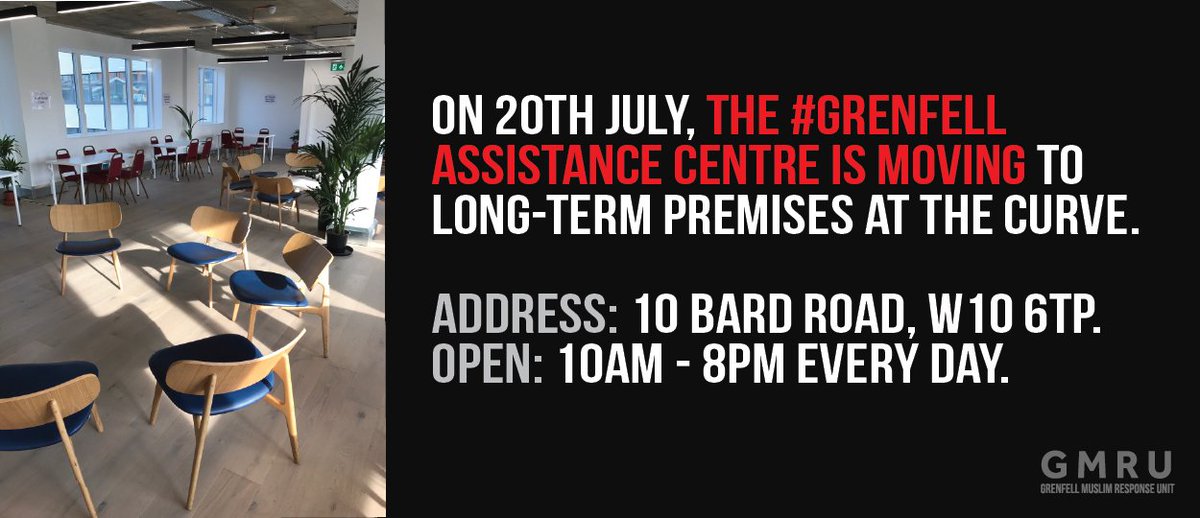 GrenfellMRU's tweet photo. The #Grenfell Assistance Centre is moving tomorrow, please RT to ensure all are aware. Address: The Curve, 10 Bard Road, W10 6TP https://t.co/z78HImNMxm