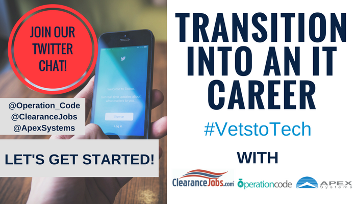 ApexSystems's tweet photo. Welcome! Thank you for joining us today for our #livetweetchat! Let's chat about transitioning into an IT career! #VetstoTech https://t.co/cB1ajzYUYZ