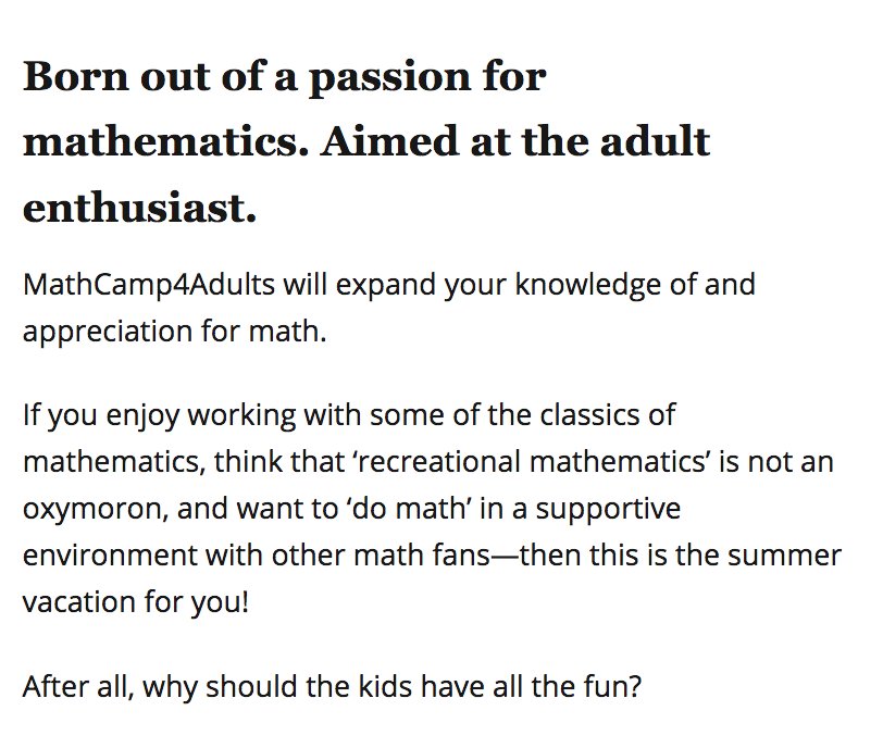 And then there were 10.  5 women and 5 men--math enthusiasts  all--attending the 1st camp, August 9-12. MathCamp4Adults.com!