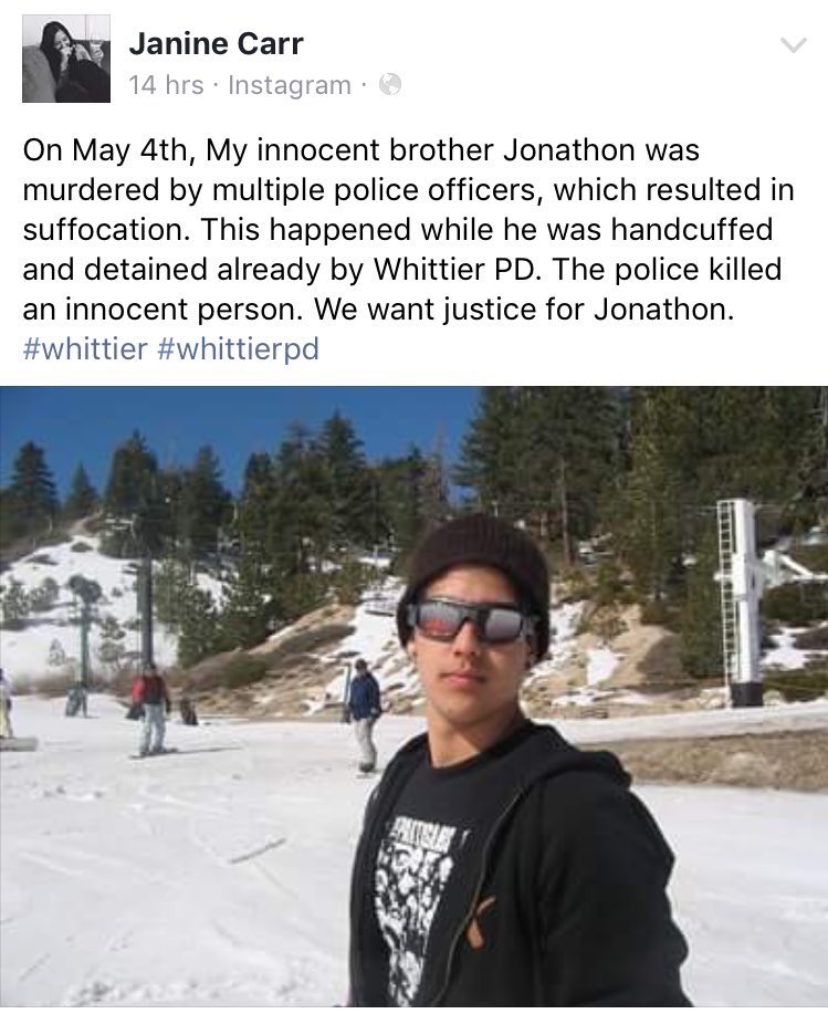 yelyahgaby's tweet photo. #justiceforjonathon #whittierpd murdering of innocent ppl is disgusting no matter who does it but ESPECIALLY by a cop. Spread the word ππ½β€οΈ https://t.co/Tt8ZU0trWw