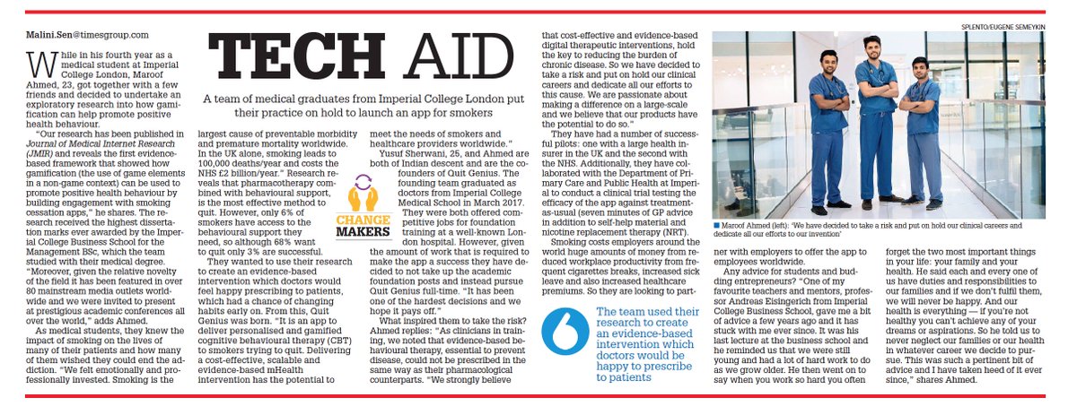 pelagohealth's tweet photo. The Times of India (largest English-speaking newspaper worldwide) did a feature on @QuitGenius's story so far! #entrepreneurship #healthcare https://t.co/WjHz2WPkjQ