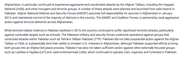 DevirupaM's tweet photo. Nearly identical paras on Pak in @StateDept report on terrorism for 2016 &amp; 2015(R). 

(#TrumpNailsPakistan is not really accurate is it) https://t.co/iAuxbLvAhU