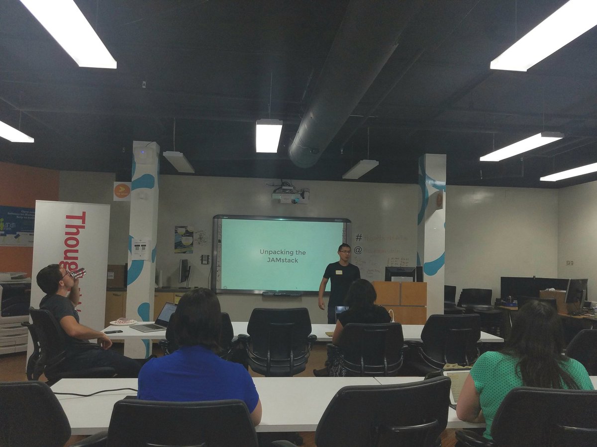lynndupree06's tweet photo. Unpacking the JAMStack @covingtondoan @WWCodeDFW #ThoughtWorksDallas https://t.co/mvBzIva4ra