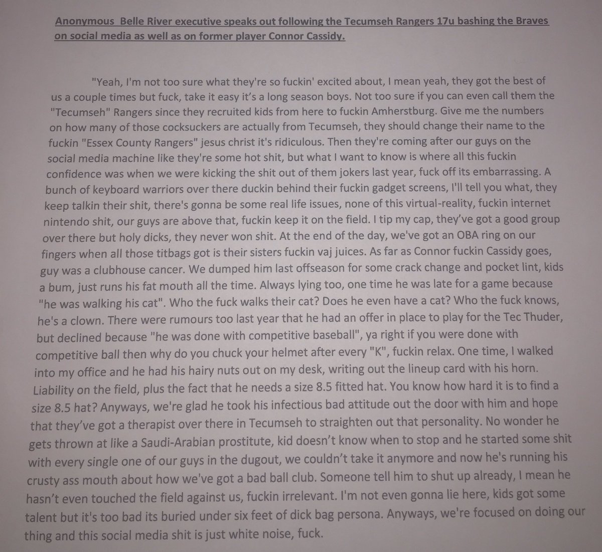 brbraves's tweet photo. Leaked profanity-laced statement from an anonymous member inside the Braves front office🙀🙀🙀 #hotmicalert #TECvsBR https://t.co/4W30sCvZug