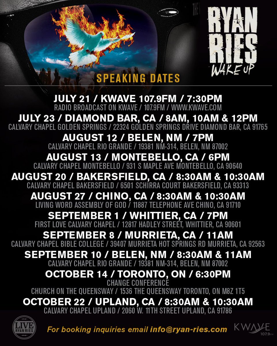 KWVE's tweet photo. Check out all the dates for the @ryanries_ "WAKE UP" speaking #Tour! #KWAVE #RyanRies #SoCal #event https://t.co/c1127Go7Fc