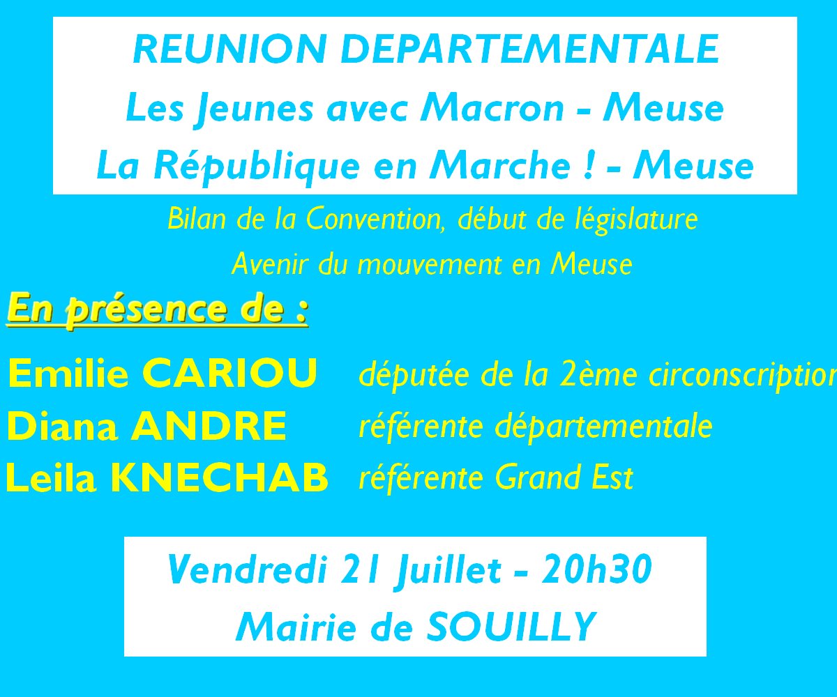 JeunesMacron55's tweet photo. Réunion de @LREM55 @JeunesMacron55 ce vendredi 21 juillet 20h30 à la mairie de #Souilly.
Avec @EmilieCariou @DianaAndreLREM @stephanekubany https://t.co/64KQU4Y65v