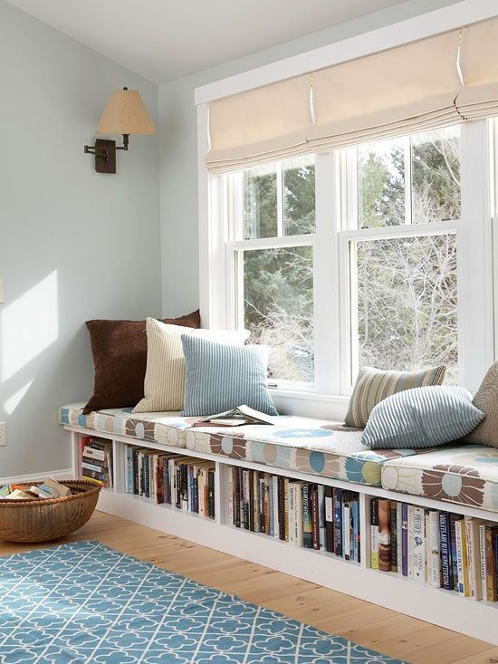 Built-in bench seating in this small sitting room provides a lot of seating and storage for books and games.