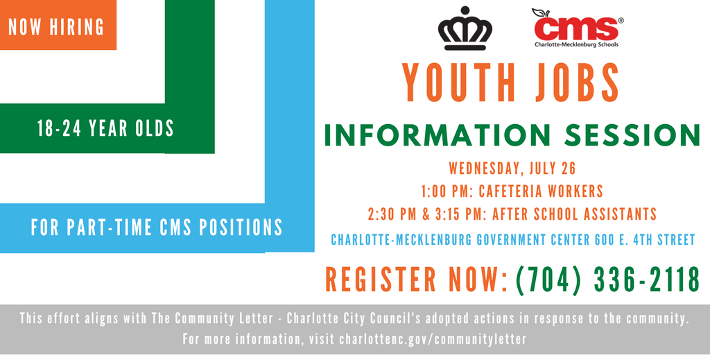 HNScharlotte's tweet photo. #NowHiring multiple part-time positions @CharMeckSchools. Learn more at @CLTgov Info Session on 7/26! Register now: 704-336-2118. #CLTLetter https://t.co/5xsG21DyuN