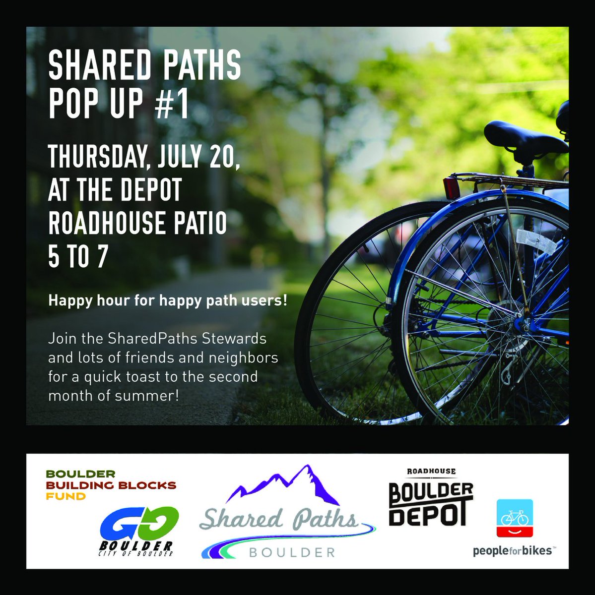 BoulderChamber's tweet photo. Tomorrow, 5-7pm, join @bouldergobldr, @SharedPaths and @peopleforbikes for happy hour at @RoadhouseBouldr! Happy hour for happy path users! https://t.co/VRveEqCL4u