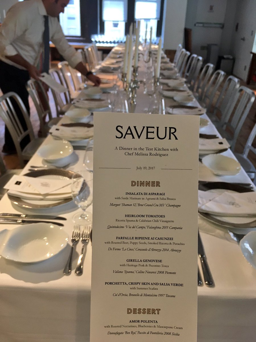 Happening in our test kitchen tonight: #SaveurSupper with Chef Melissa Rodriguez &amp; <a href="/DelPosto/">Del Posto</a>. We can't wait to see this menu come to life 🍽