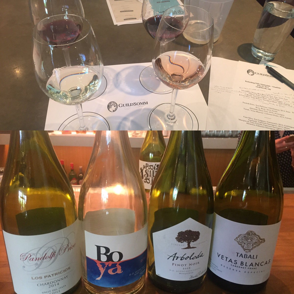 Flight of coastal wines, including wild Cab Franc from Limari <a href="/guildsomm/">GuildSomm International</a> #chile #masterclass <a href="/CorkbuzzCLT/">Corkbuzz Restaurant</a> #wine #thenewchile
