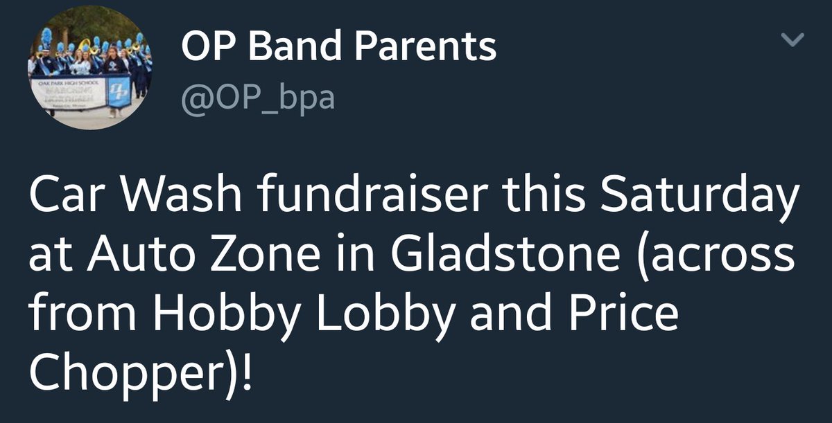 BrianMercerNKC's tweet photo. Join @OakParkHS Band Parents @OP_bpa &amp; @opband for a car wash fundraiser this Saturday at @autozone in @gladstonemo! Details below. https://t.co/2nYBEEf8qb