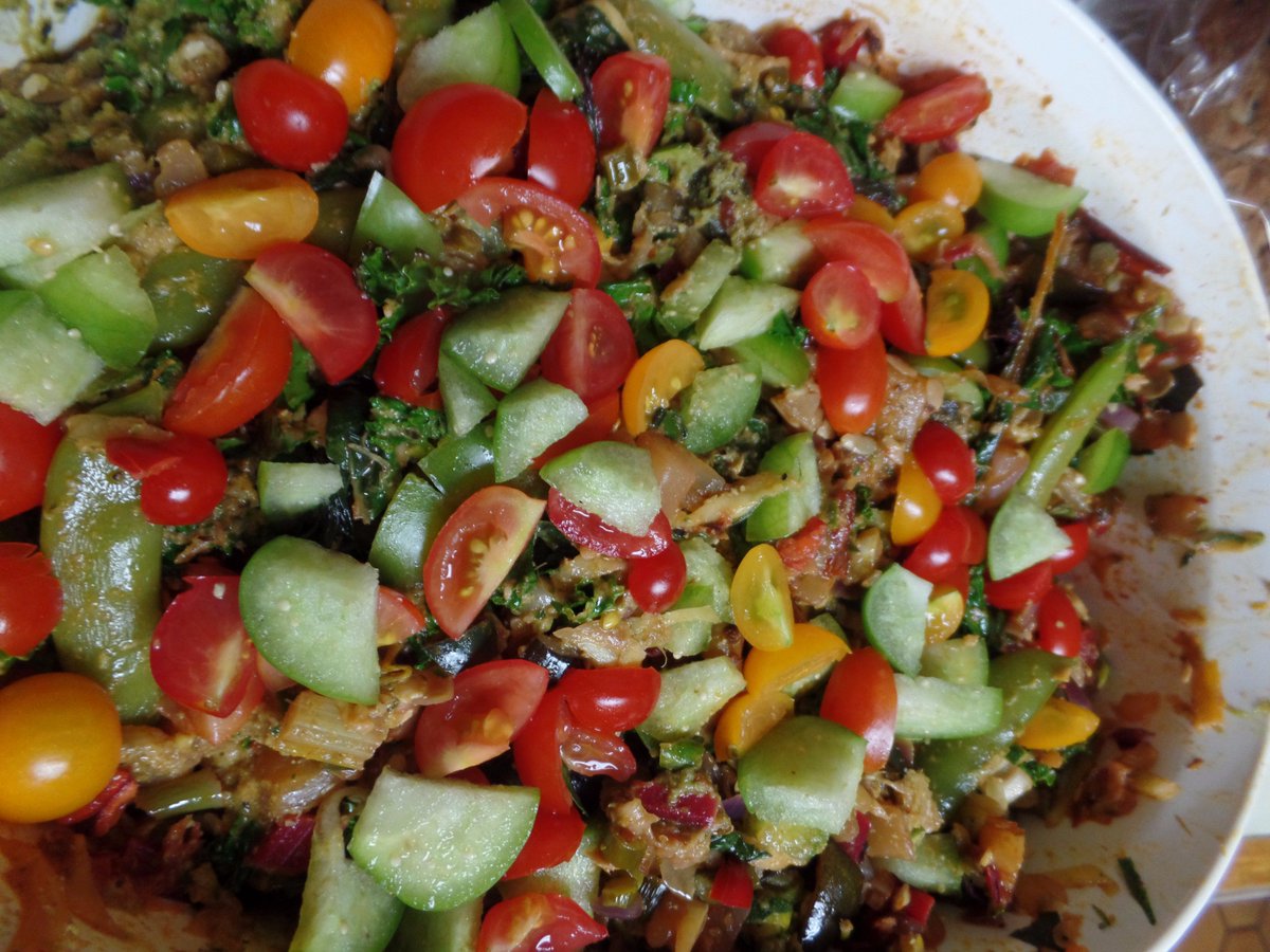 TheTickleFox's tweet photo. Fresh garden tomatoes + tomatilloes on top, stirred in leftover scape pesto + adobo sauce = Alchemy! #GentlemanDoll #squashpasta https://t.co/7sd12weHdP