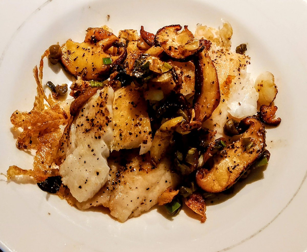 AndyHTu's tweet photo. Talapia topped with sweetened garlic shiitake mushrooms and capers in a butter glaze.   #ketofood #andyisamazing @XsarahndipityX https://t.co/4ZAUiEzlQD