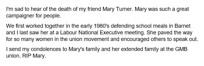 jeremycorbyn's tweet photo. I'm sad to hear of the death of my friend Mary Turner. I send my condolences to Mary's family and her extended family at the GMB union. https://t.co/7bGjrMFfIP