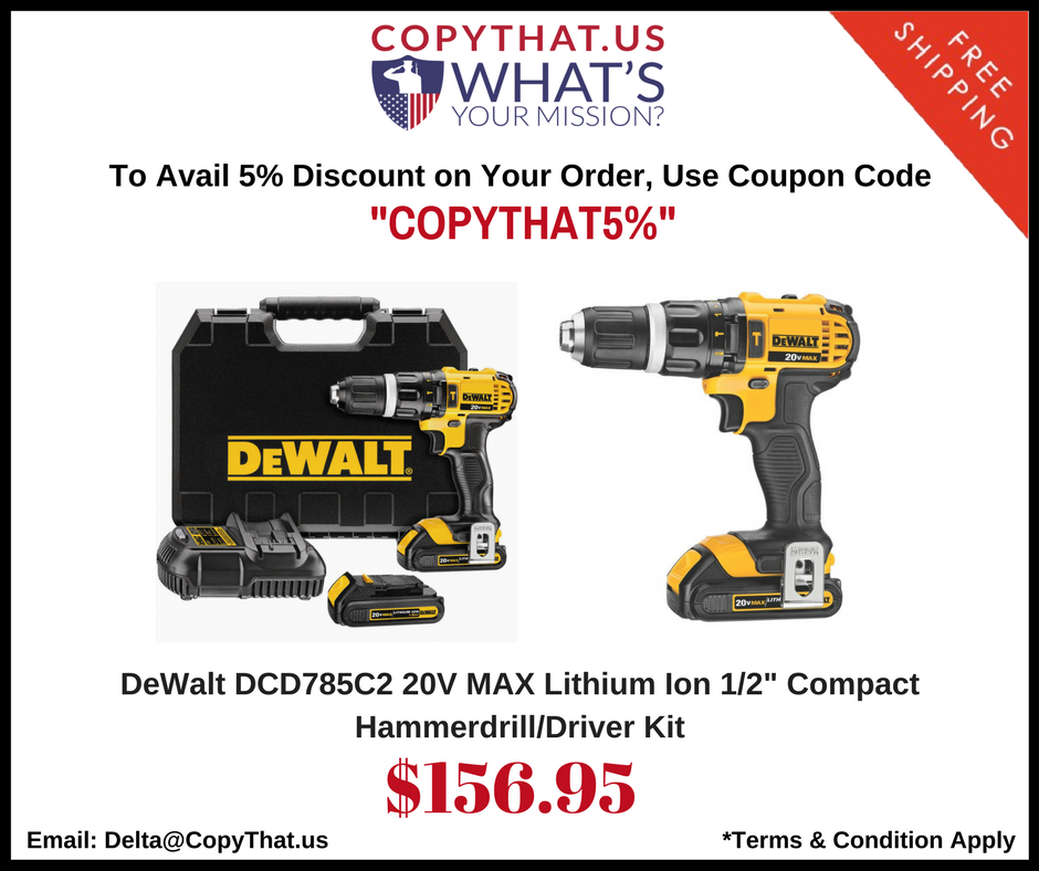 Copy_That_US's tweet photo. #DeWalt DCD785C2 20V MAX Lithium Ion 1/2" Compact Hammerdrill/ #DriverKit #DeWaltDriverKit https://t.co/ogpCVwDH92 https://t.co/HSk8nReXDa