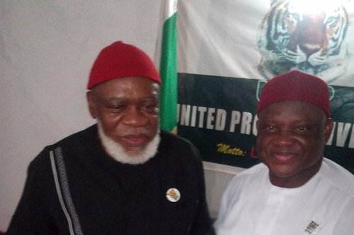 Debe Odumegwu-Ojukwu, a stalwart of UPP pays courtesy visit to UPP National Chairman, Chekwas Okorie at his Enugu residence ahead Anambra poll.