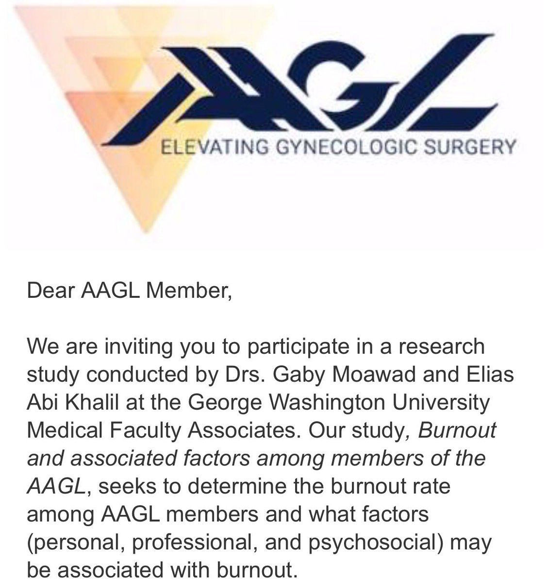 Dear <a href="/AAGL/">AAGL</a> members #PLEASE fill the #survey . #burnout is a #real #problem #helpus #understand it @aagl <a href="/AAGL/">AAGL</a>JMIG <a href="/GWSMHS/">GW SMHS</a> <a href="/GWHospital/">GWHospital</a>