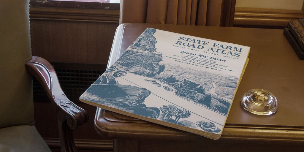 StateFarmBell's tweet image. The 1942 World War II edition of the @StateFarm Road Atlas included maps of U.S. Army bases around the world. #Throwback #FromTheArchives