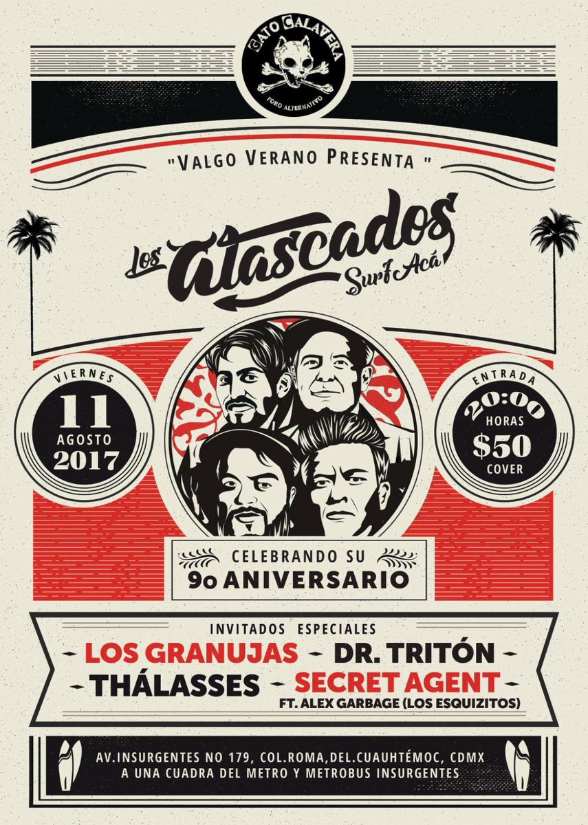 SoyKarman's tweet photo. Nos vemos el 11 de #agosto en el @GatoCalavera en el aniversario de @LosAtascados + @LosGranujasWeb #Thalasses #SecretAgentSurf y @DrTriton https://t.co/90zHwBXK5U