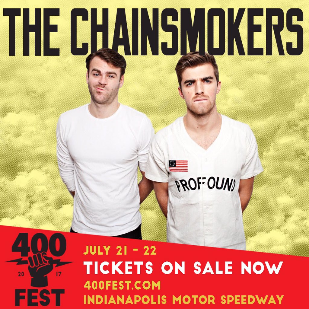 400Fest's tweet photo. Ready to see @TheChainsmokers LIVE at the Brickyard? It's almost time... Get hype 👏✌️🙌 https://t.co/rLdChVzgId