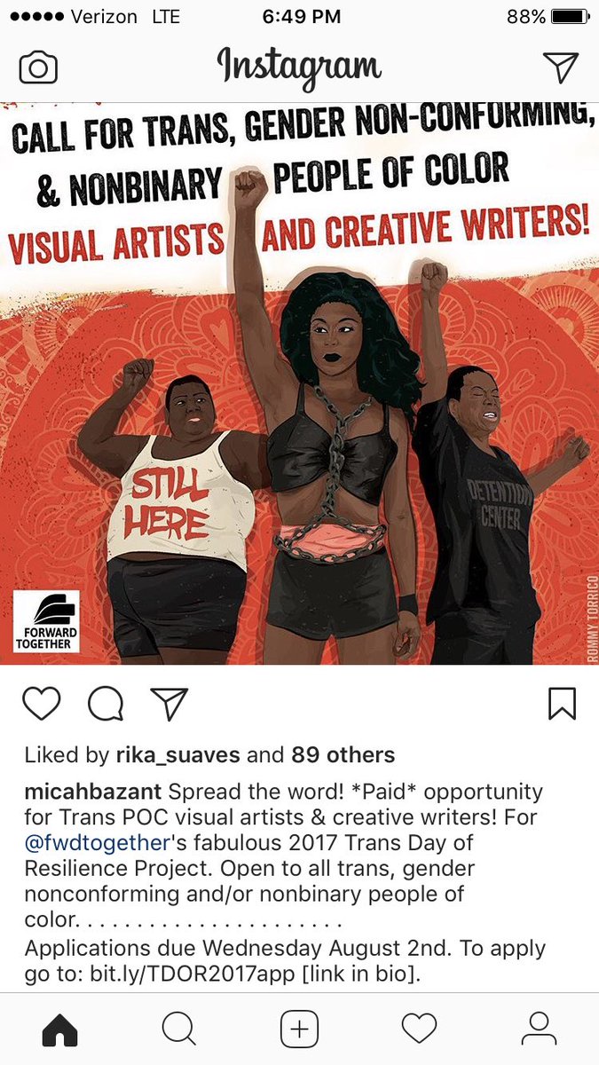 $600 paid opportunity for trans, gnc, and non binary POC artists and writers. Applications due August 2nd: forwardtogether.org/call-for-trans…
