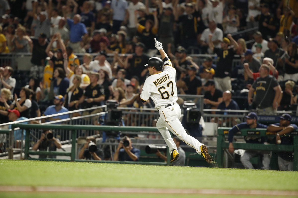 Pirates's tweet photo. #WALKOFF #RAISEIT!!!!!!!!!!!

@Max_Moroff with the game winning KNOCK!!! https://t.co/75spbQbhg8